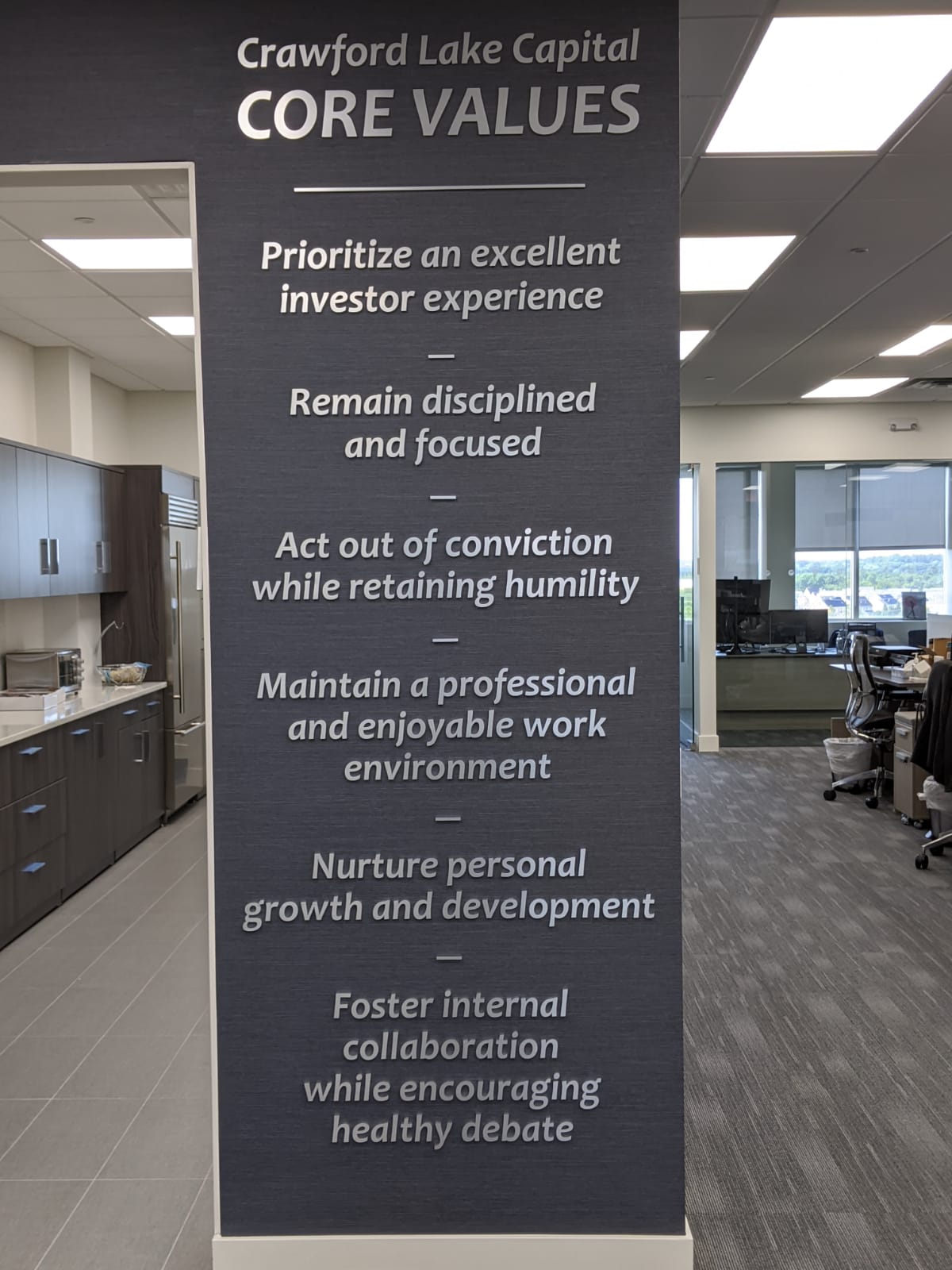 Core Values wall at Crawford Lake Capital Management Office